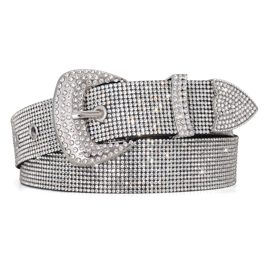 WHIPPY Rhinestones Leather Belts for Women Disco Bling Studded Belt for Jeans Pants Western Cowgirl Shiny Waist Belt, Silver, M