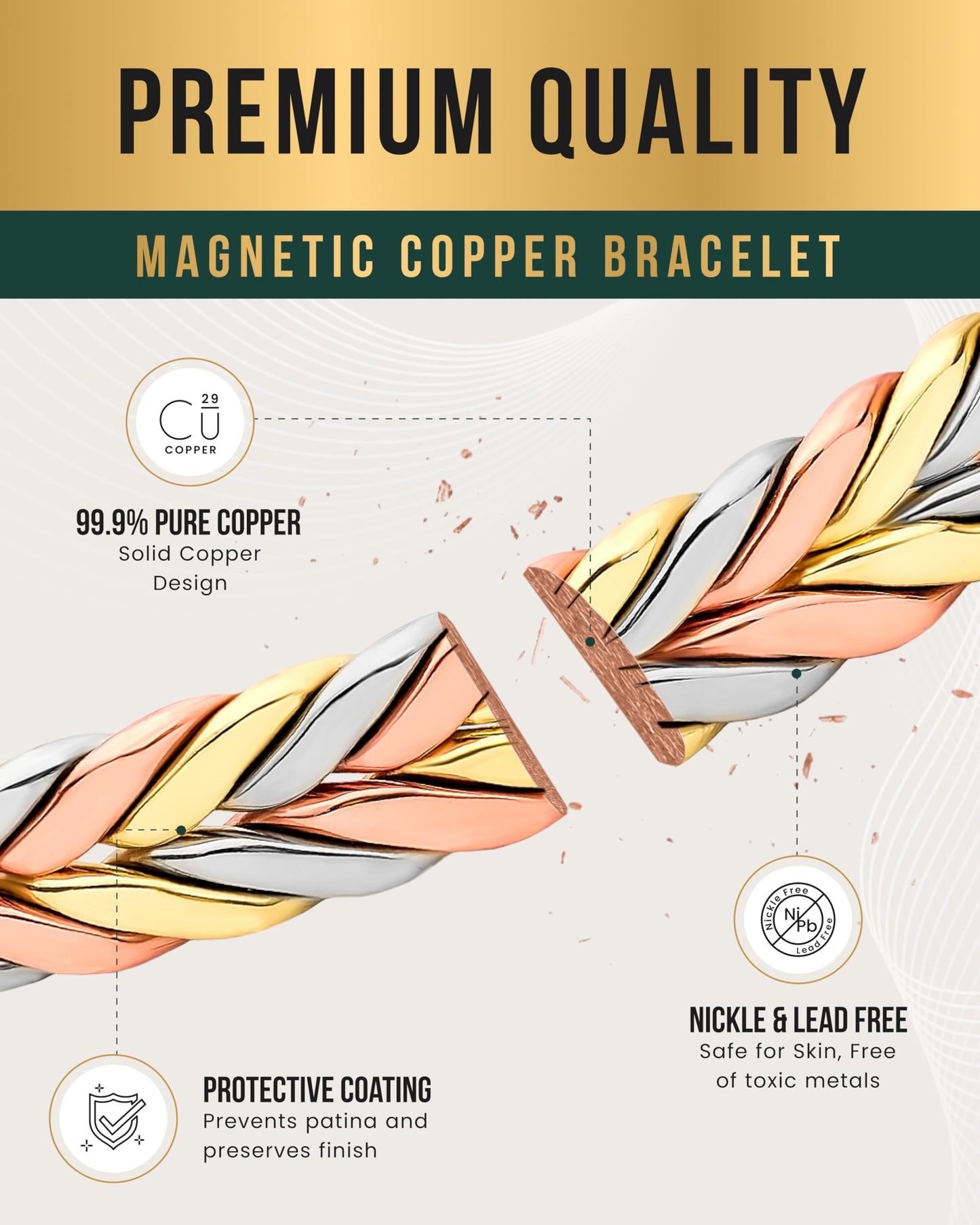 MagnetRX Woven Copper Magnetic Bracelet - Magnetic Copper Bracelets - Adjustable Cuff with Magnets (Tri–Color, X–S/S)