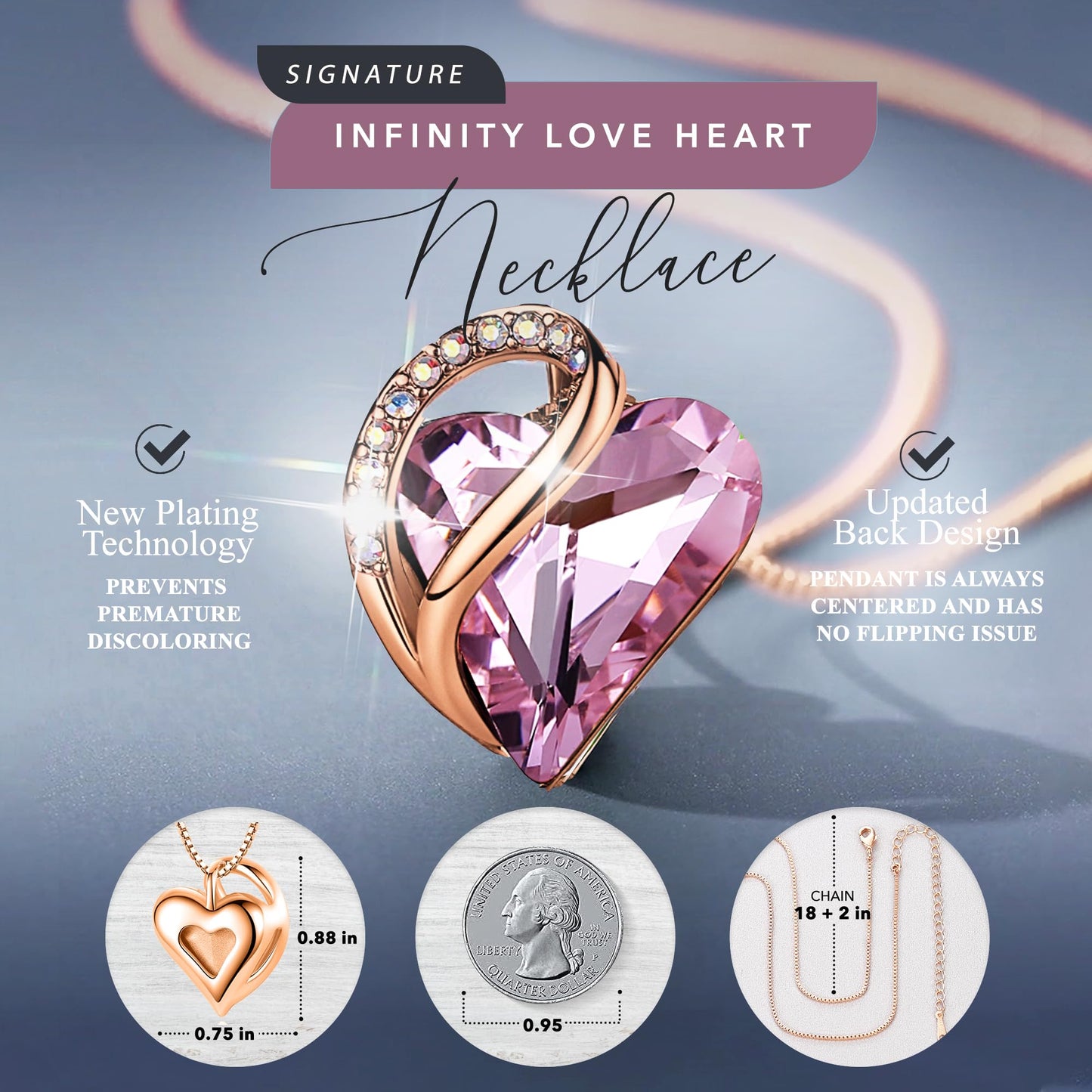 Leafael Gifts for Women Rose Gold Plated Necklaces: Heart Quartz Pink Crystal, October Birthstone, Hypoallergenic Chain (18"+2"), Birthday Jewelry for Mom, Wife, and Girlfriend