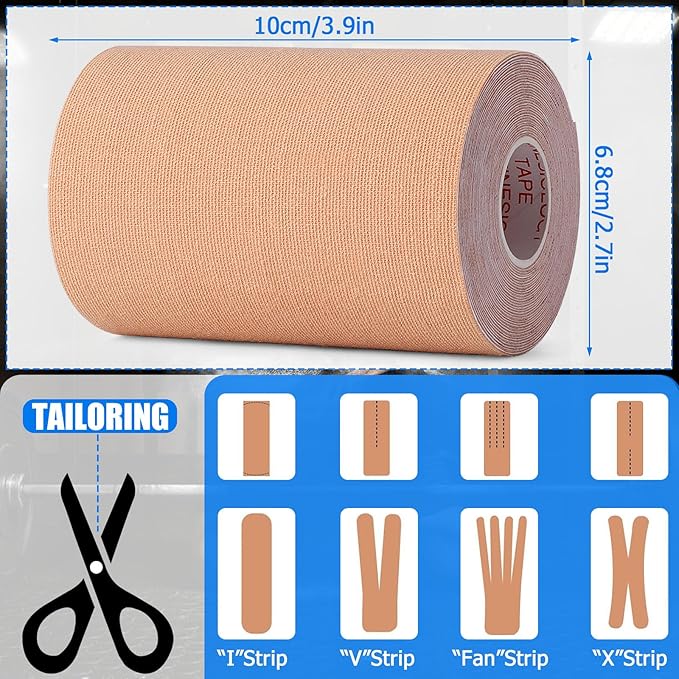4 Rolls Kinesiology Tape, 4in x 5.5yd Extra Wide Breathable Muscle Support Adhesive Sport Tape for Knee Pain Relief, Latex Free Cotton Elastic Uncut Strips for Joints, Back, Ankle, Shoulder, Wrist