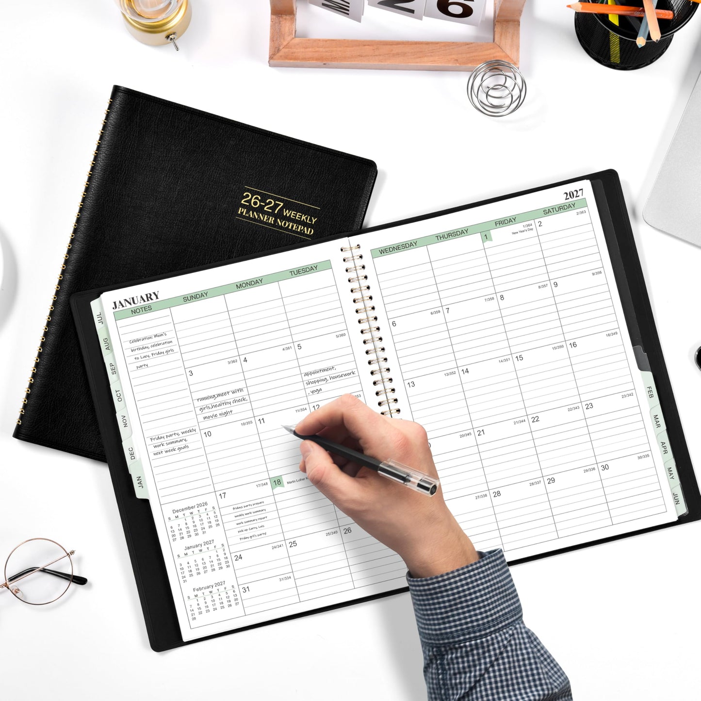 2026-2027 Planner - 11.38'' x 8.74'', Weekly & Monthly Planner Notepad, JUL. 2026 - JUN.2027, Appointment Book 2026-2027, 60 Minutes Interval, Monthly Tabs, Faux Soft Leather, Spiral Bound - Black