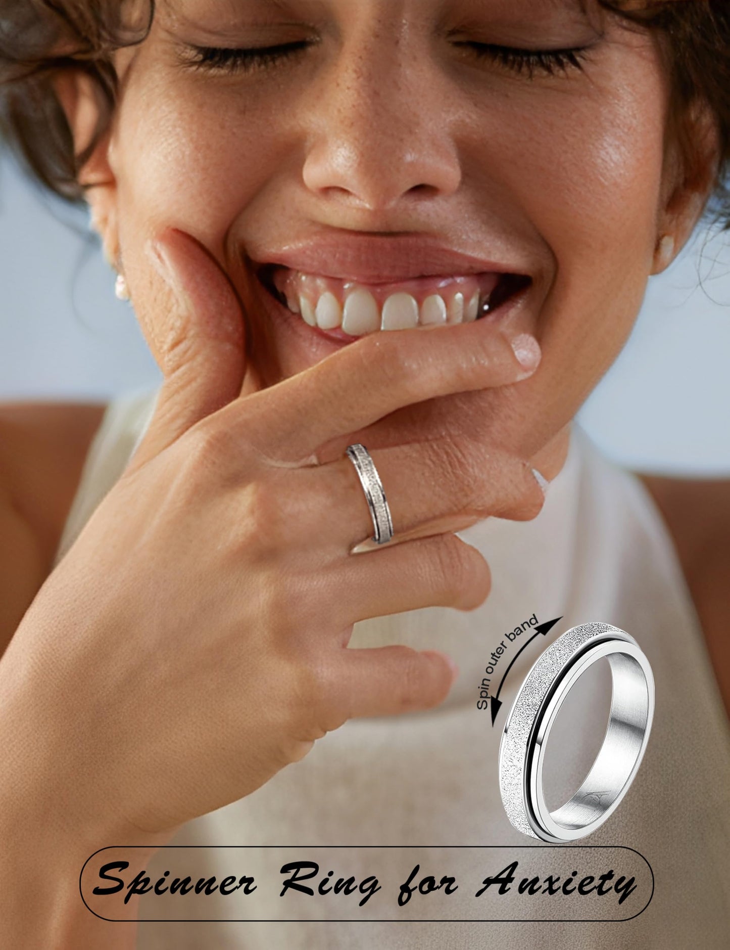 Diamday Fidget Rings for Women Men - 4mm Silver Spinner Stainless Steel Ring for Anxiety Stress Relief Glitter Sandblast Spinning Figit Anxiety Jewelry for Wedding Promise Size 8