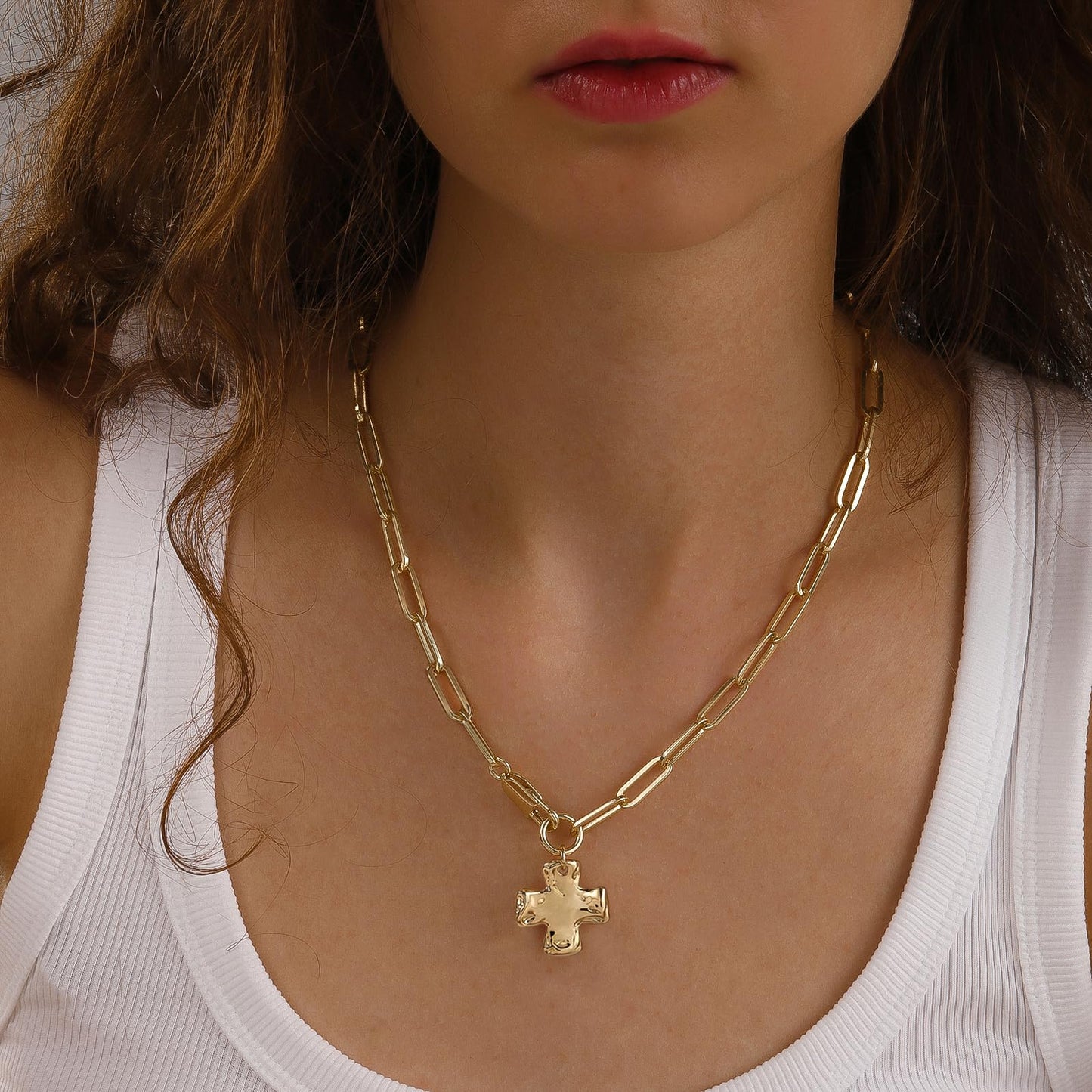 Bheop Chunky Cross Necklace for Women Trendy 14K Real Gold Plated Statement Cross Pendant Charm Necklace Waterproof Big Paperclip Chain Costume Christian Religious Jewelry Gift Non Tarnish