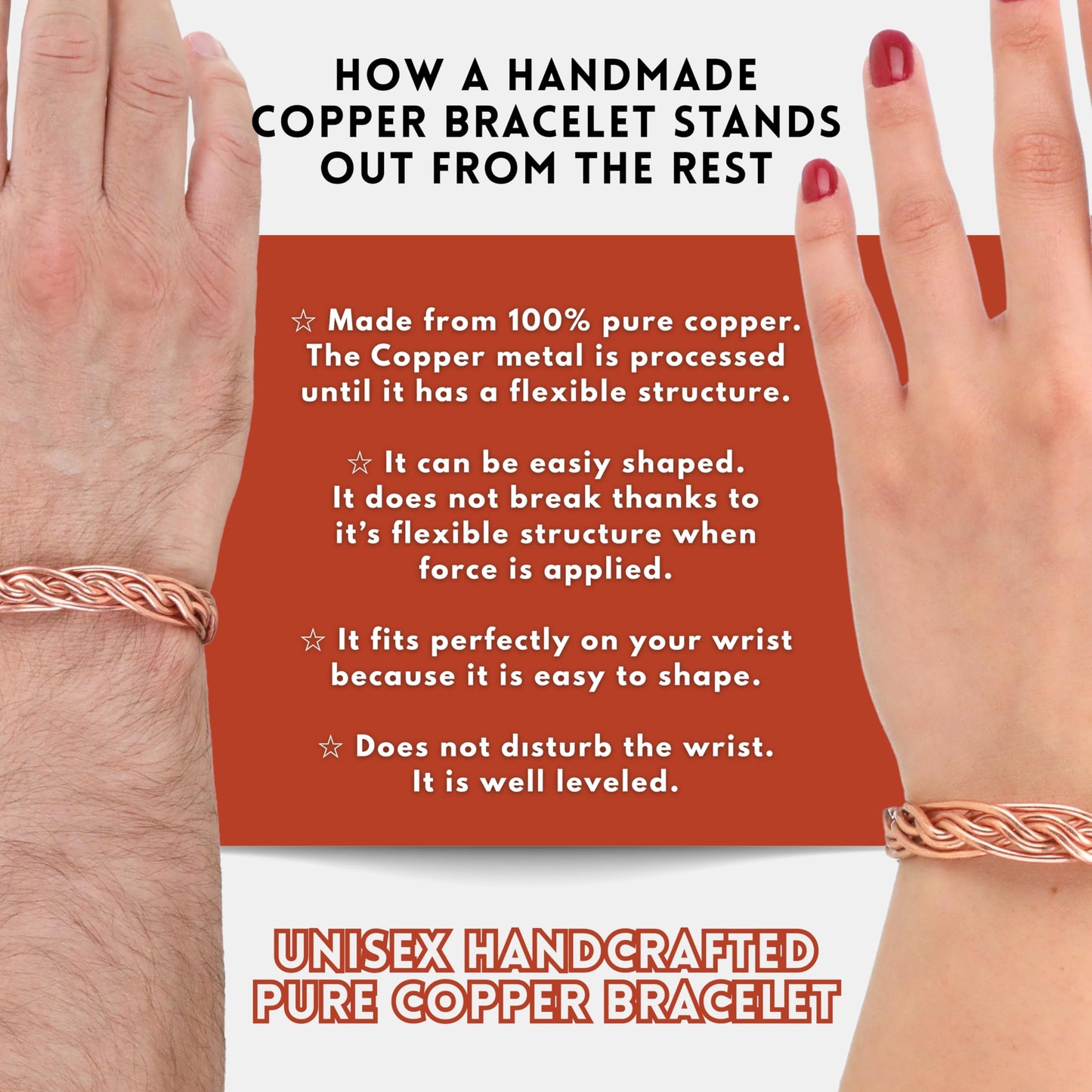 tunarts Handmade Elegant Copper Bracelet for Women and Men-Pure Copper Bracelet for Pain Relief-Adjustable,Thickest,Twisted Copper Wire Bracelet (red intricate)