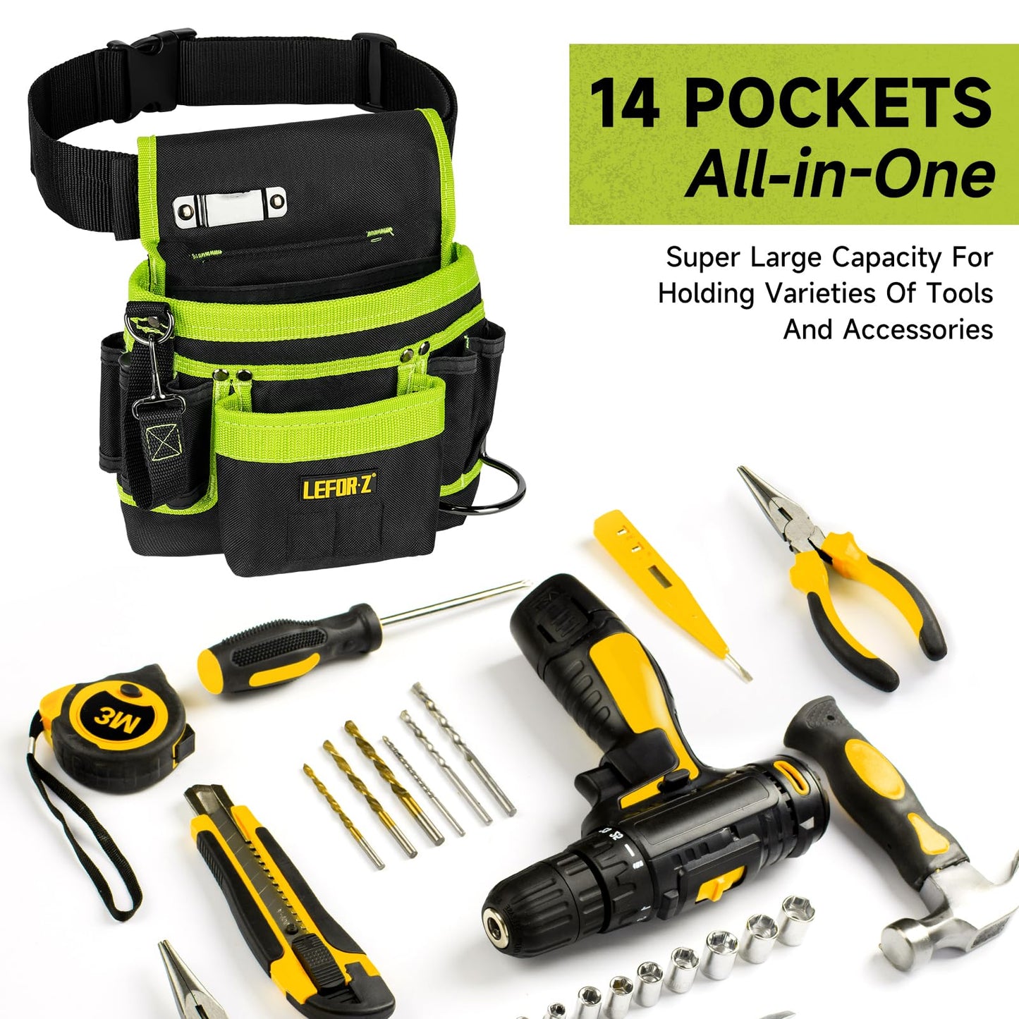 Tool Belt,Magnetic Tool Pouch,14-Pockets Tool Belts for Men,Detachable & Adjustable Tool Pouch belt for Electrician,Carpenter,Construction,Work Apron,Utility Belt,Black-Green
