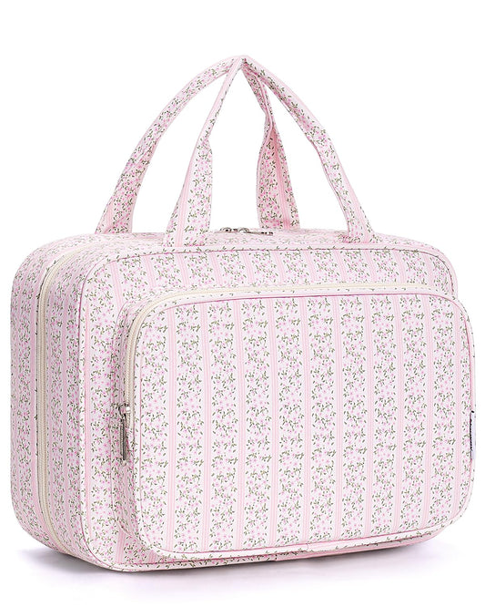Narwey Travel Toiletry Bag for Women Large Hanging Makeup Bag Organizer Toiletries Bag for Full Size Essentials Accessories Cosmetics (Pink Flower Buds (Large))