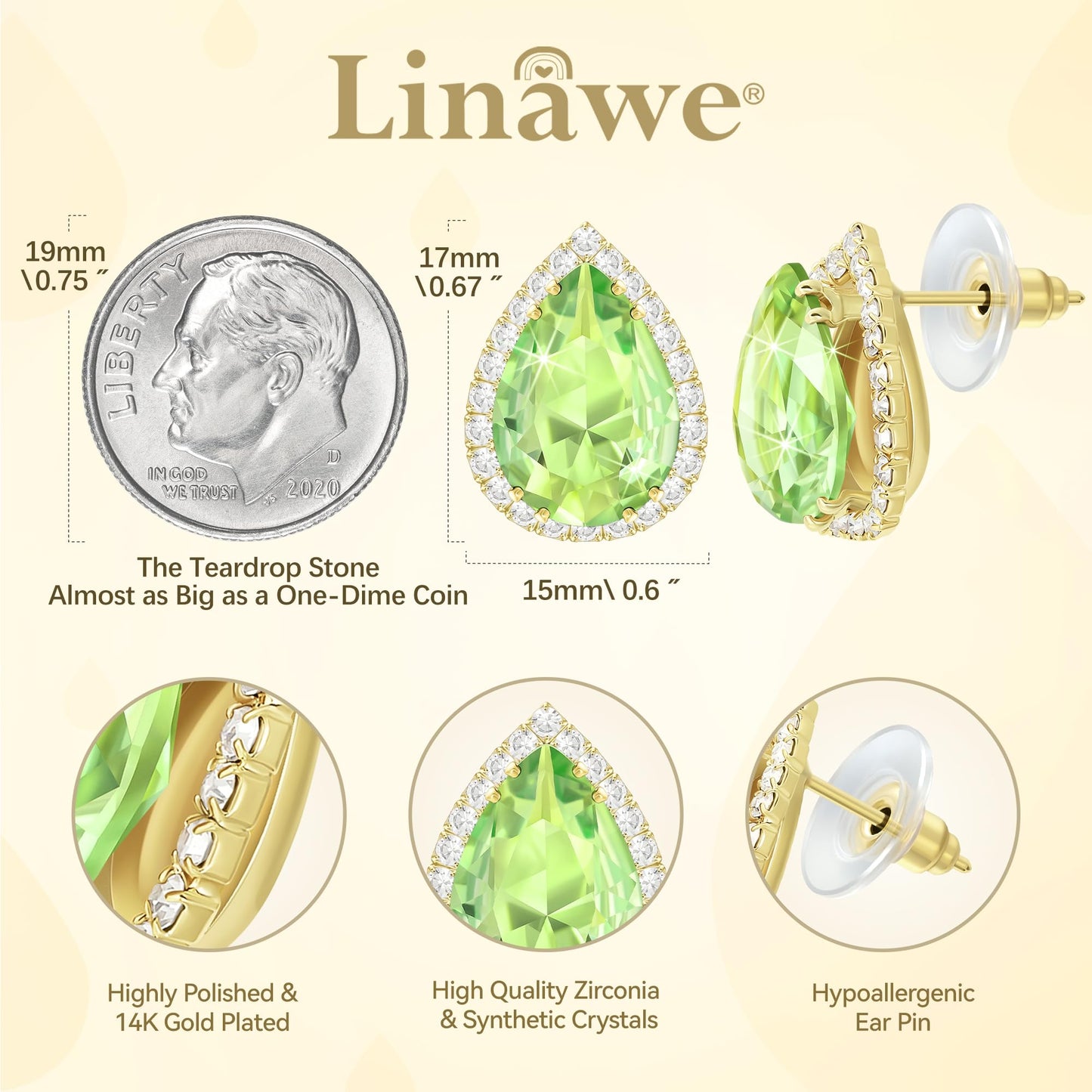 Linawe Green Gold Stud Earrings for Women, Imitation Diamond Morganite Emerald Cubic Zirconia Bridal Earrings, Iridescent Lime Green Teardrop Earrings Studs Rhinestone Crystal