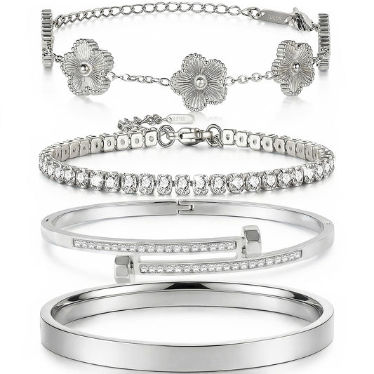 Camhanno Gold Bracelets for Women-4Pcs 18K Gold Plated Love Bangle Tennis Clover Nail Bracelets Stack Set for Women Trendy Non Tarnish Stainless Steel Gold Bangles Accessories Designer Jewelry (Silver Stack Bracelet -2)