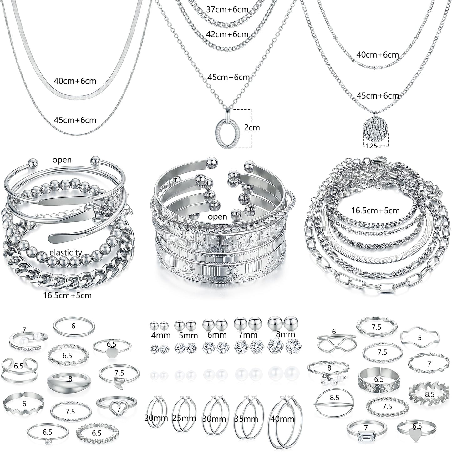 FAXHION 68 Pcs Gold Jewelry Set for Women with 7 Necklace, 17 Bracelet, 5 Hoop Earrings, 15 Stud Earrings, 24 Knuckle Rings for Women Jewelry Set for Women