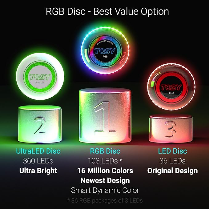 TOSY Bundle of 3 - RGB Black + Blue + Red - Frisbee 108 LEDs, 16 Million Colors