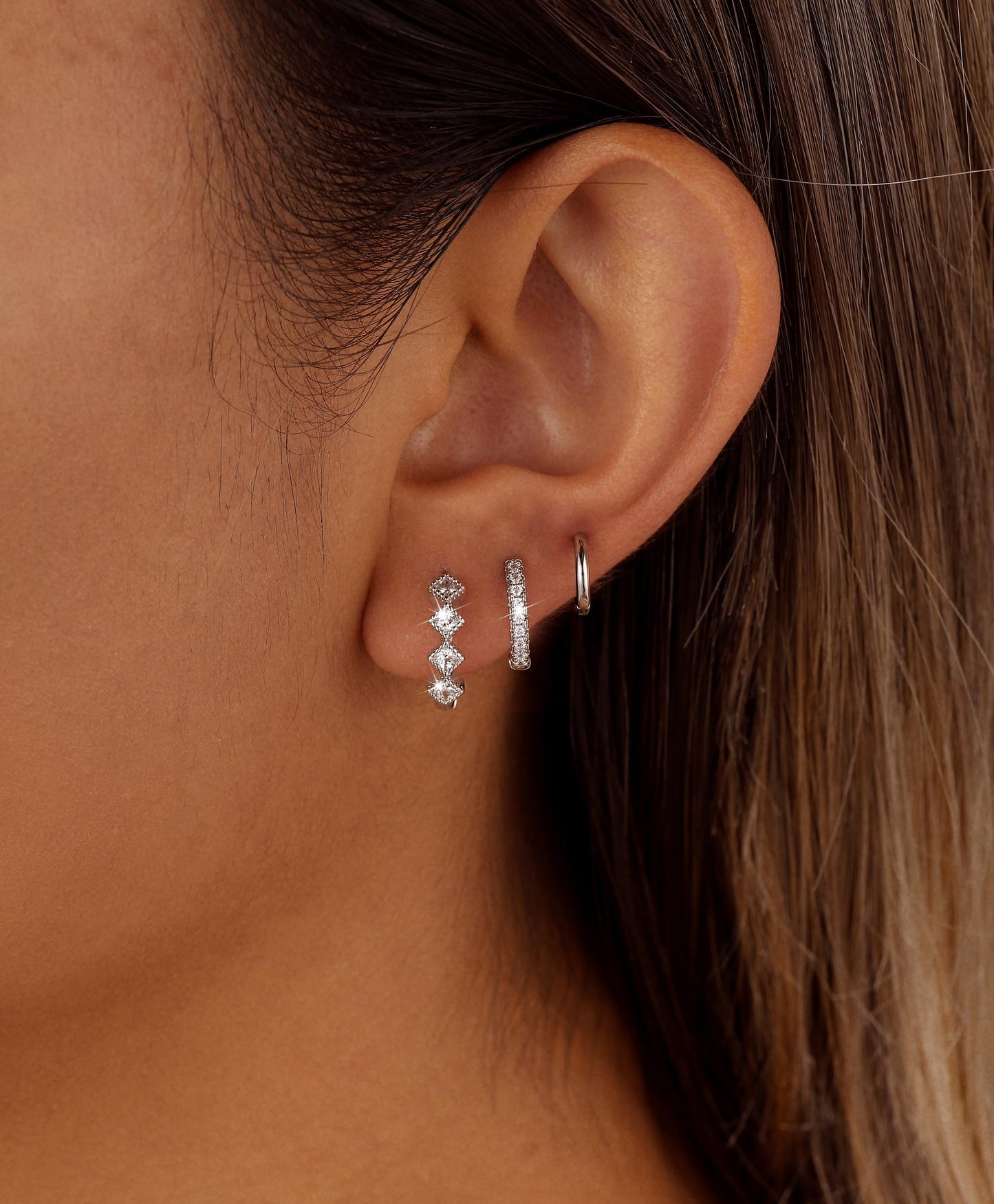 CAROVO 3 Pairs Silver Hoop Earrings for Women Trendy Dainty 14K Gold Plated Cubic Zirconia Huggie Hoop Earrings Stack for Multiple Piercing Jewelry