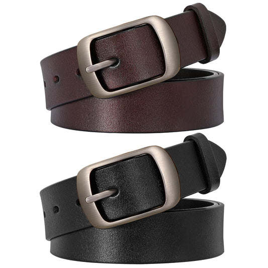 SUOSDEY 2 Pack Womens Genuine Leather Belts, Waist Belt with Pin Buckle for Jeans Pants,black and coffee,width 1.3'',X-Large: fits waist from 43''-46''