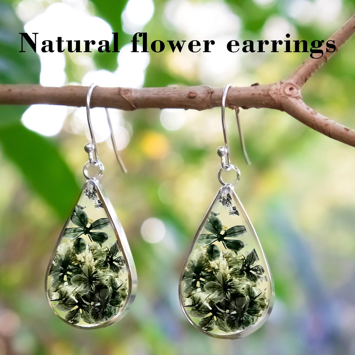 925 Sterling Silver Pressed Flower Teardrop Earrings,Hypoallergenic Women's Jewelry Gift for Mom,Handmade natural dried flower teardrop earrings Jewelry Gift for wife