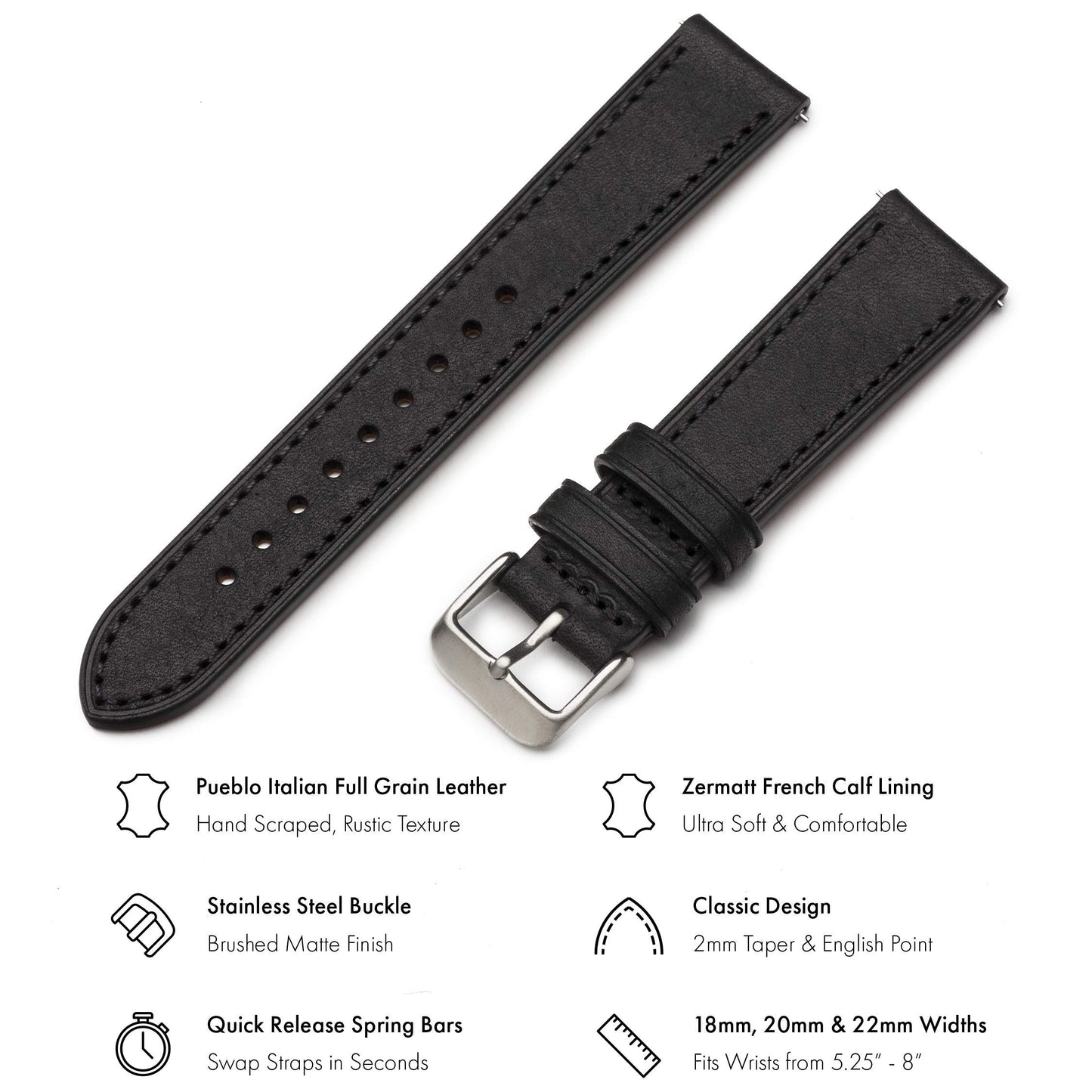 Benchmark Quick Release Leather Watch Band - Premium Italian Full Grain Leather Watch Straps for Men & Women (18mm, Black)