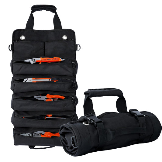 AASTT Portable Foldable Roll Up Tool Bag, Heavy Duty Tool Organizer Bag with 5 Compartments & 2 Detachable Pouches for Tools Storage, Waterproof Tool Roll Bag for Dad Men Electrician Mechanic Gifts