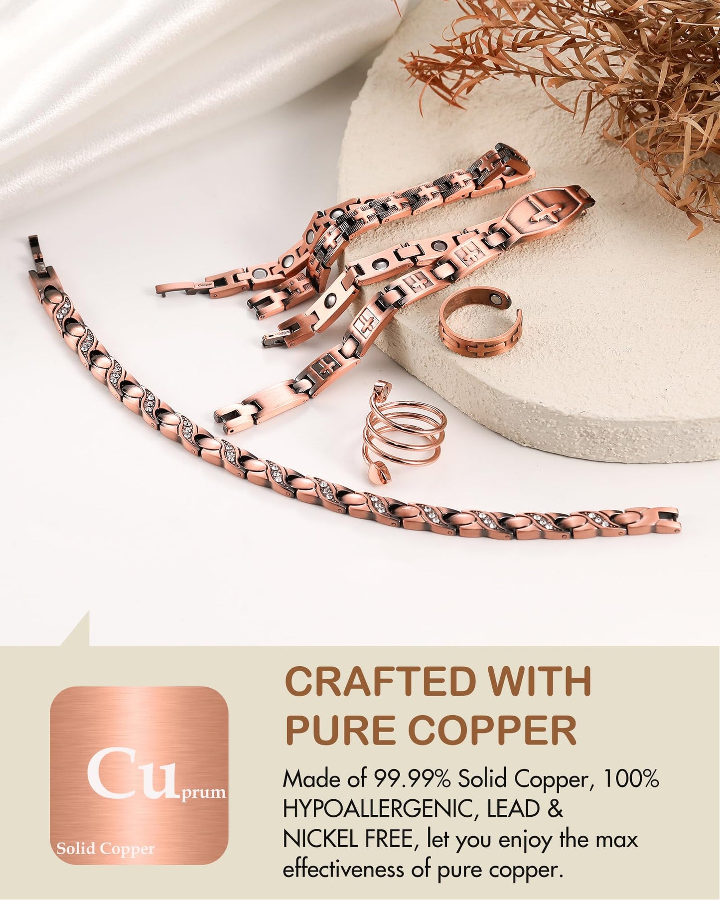 Feraco Pure Copper Bracelets & Rings for Women, Ultra Strength Magnetic Bracelet with 3500 Gauss Magnets & Sparkling Cubic Zirconia, Adjustable, Infinite Symbol