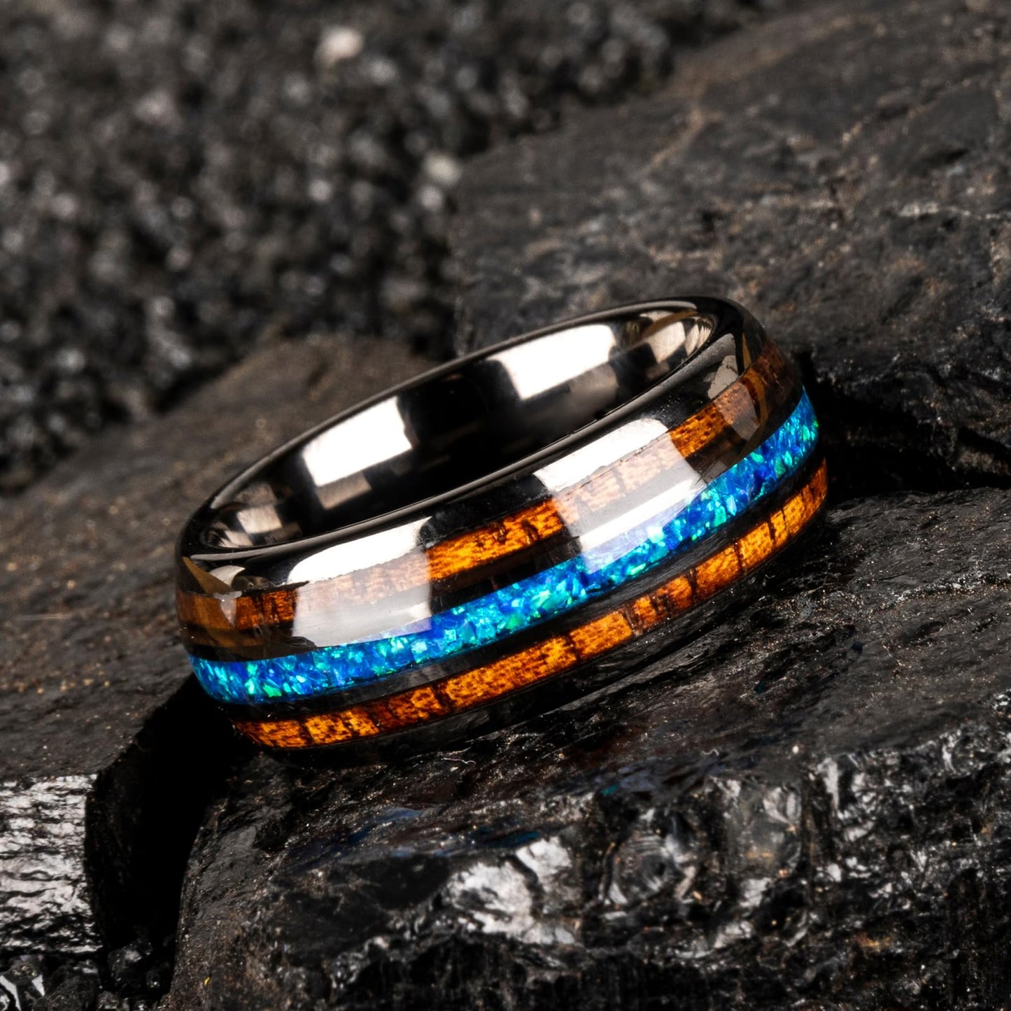 JEWPER 8mm Men Womens Wedding Band Tungsten Rings dark gun black Fashion Promise Carbide Inlaid blue opal koa Matte Finish Edge Comfort Fit Size(12)
