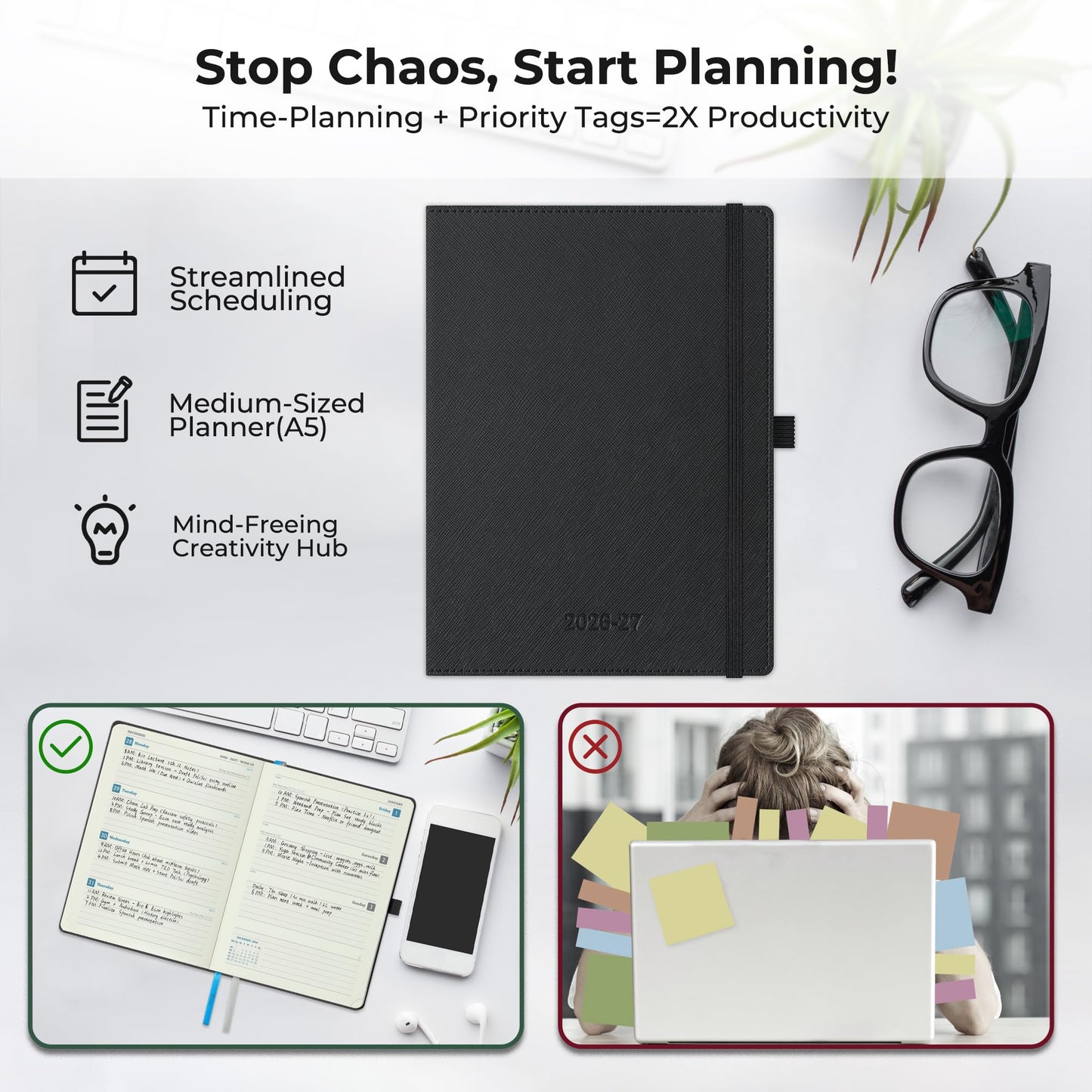 IN-LUXPRO Weekly Monthly 2026-2027 Planner (July 26-Dec 27),8.5"x6.5",18 Months Agenda Plan with Month Tabs & Pocket,Expenses/Note Pages, Academic Calendar with Vegan Leather Cover,Black