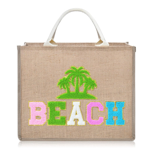 KUIRAN Beach Bag for Women, Large Woven Straw Beach Bag with Chenille Letter Patches and Water-resistant Lining, 22L Tote Handbag for Pool, Travel, Shopping, Summer Vacation, Bachelorette Gift - Green