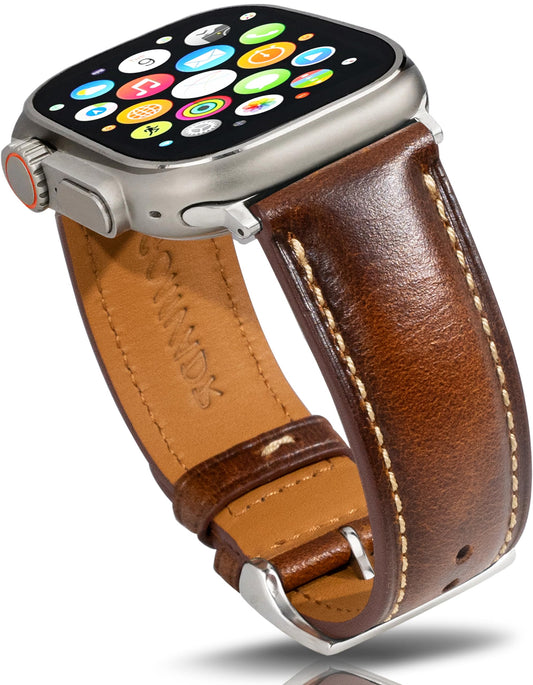 Gomvadr Leather Bands Compatible with Apple Watch Band 44mm 45mm 46mm, Oil Wax-tanned Leather Strap for Mens Apple Watch Series 11 10 9 8 7 6 5 4/SE3 (Tan/Silver Buckle/Contrast Stitch)