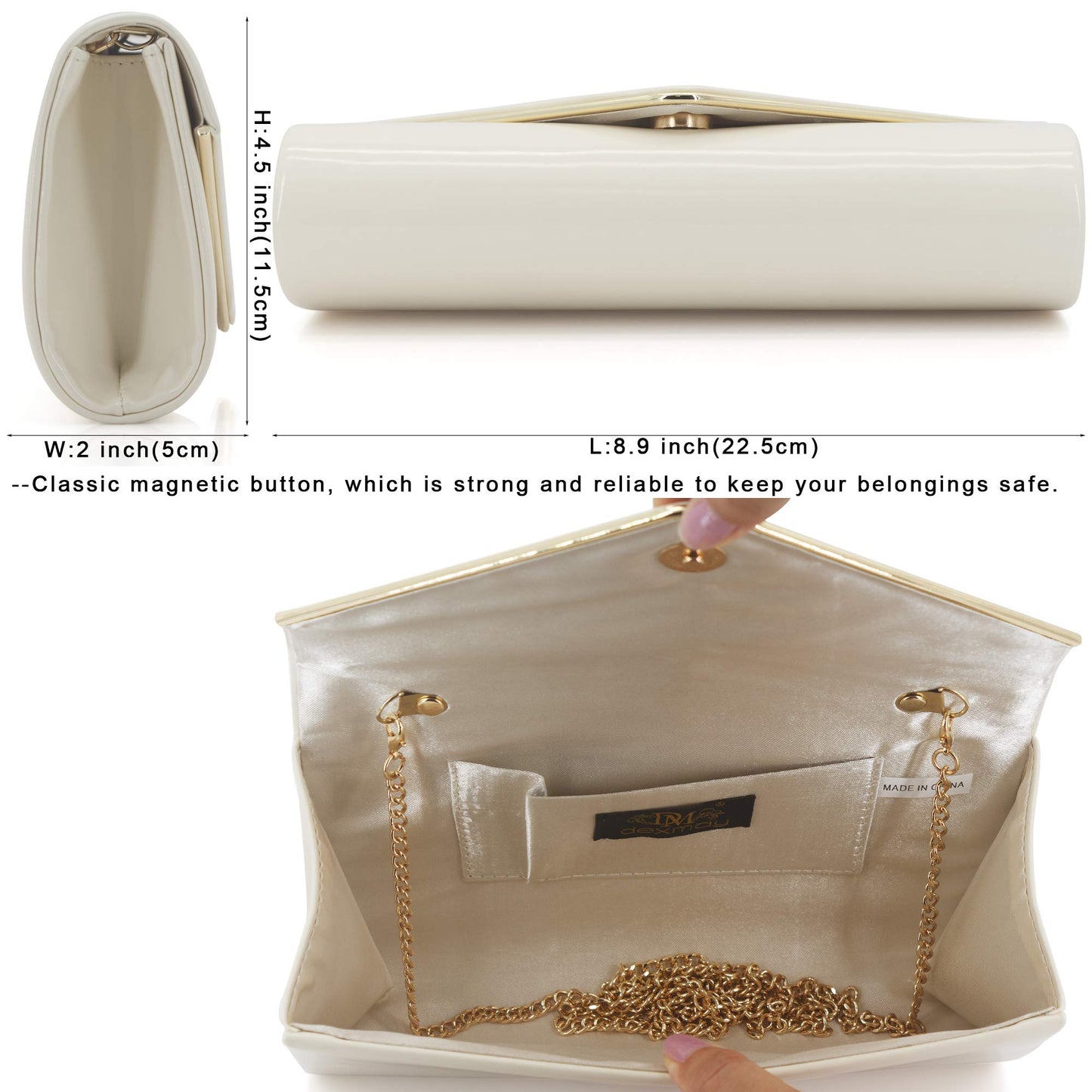Dexmay Envelope Clutch Purse for Women Shiny Patent Leather Foldover Evening Bag Formal Handbag Ivory