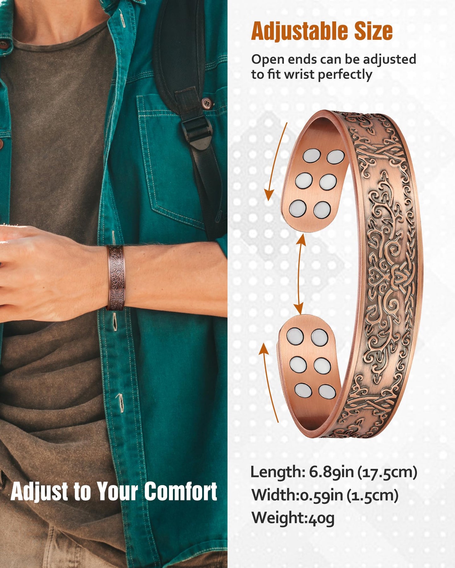 Jecanori Copper Bracelet for Men, 99.99% Pure Copper Magnetic Bracelets for Men with 3,800 Gauss Magnets