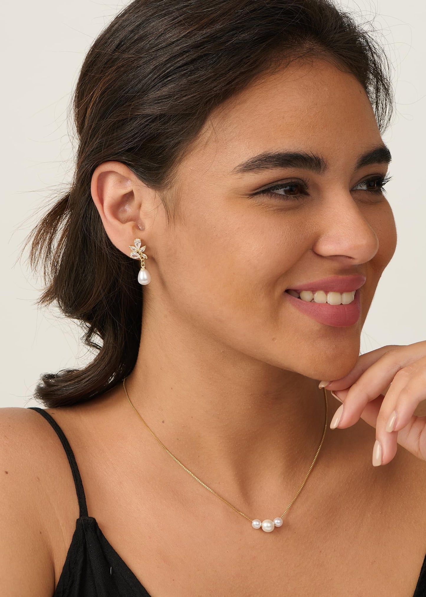 PRTGL Pearl Earrings: 14k White Gold-plated Cubic Zirconia Accented Teardrop Pearl Drop Wedding Engagement Earrings For Women Bridal Bridesmaid (Leaf Designed)