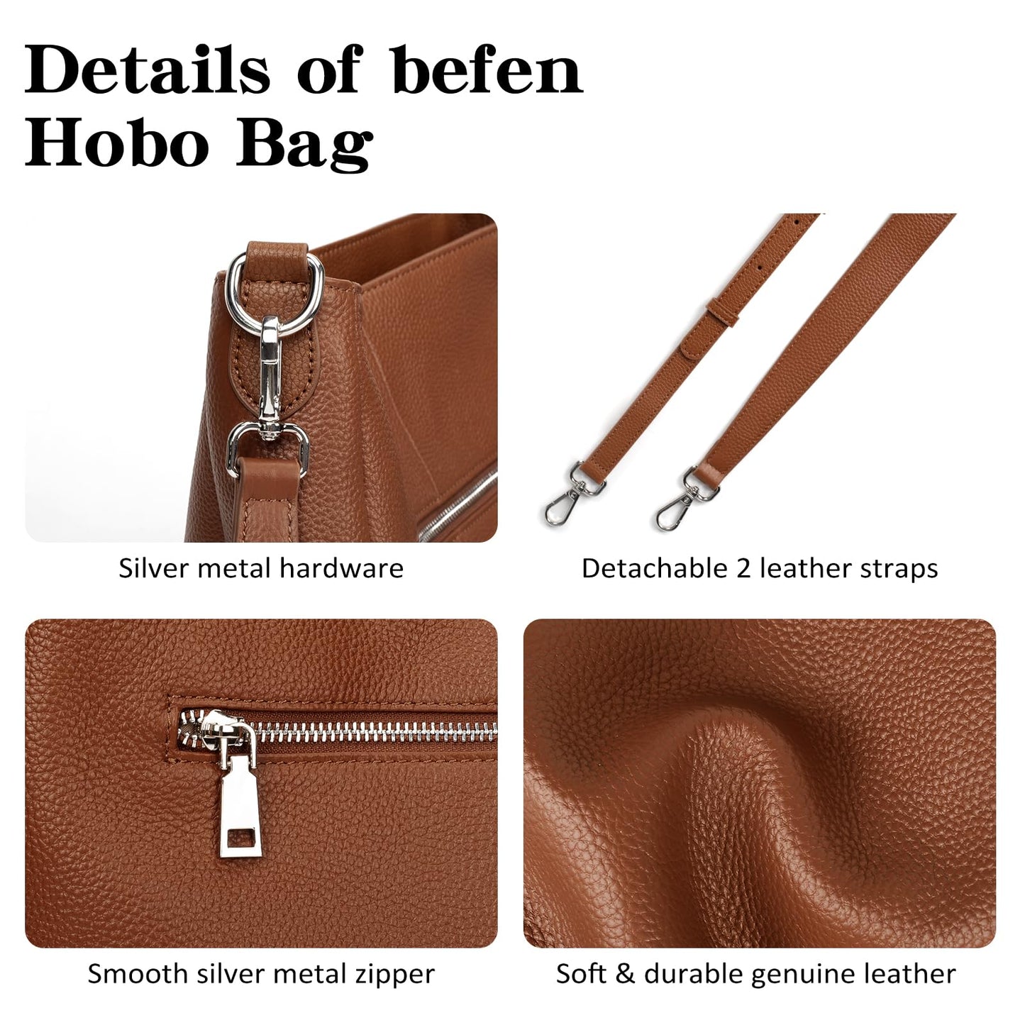 befen Genuine Leather Shoulder Bags Hobo Handbags Bag Small Durable Crossbody Purses for Women Everyday & Travel Cognac Brown