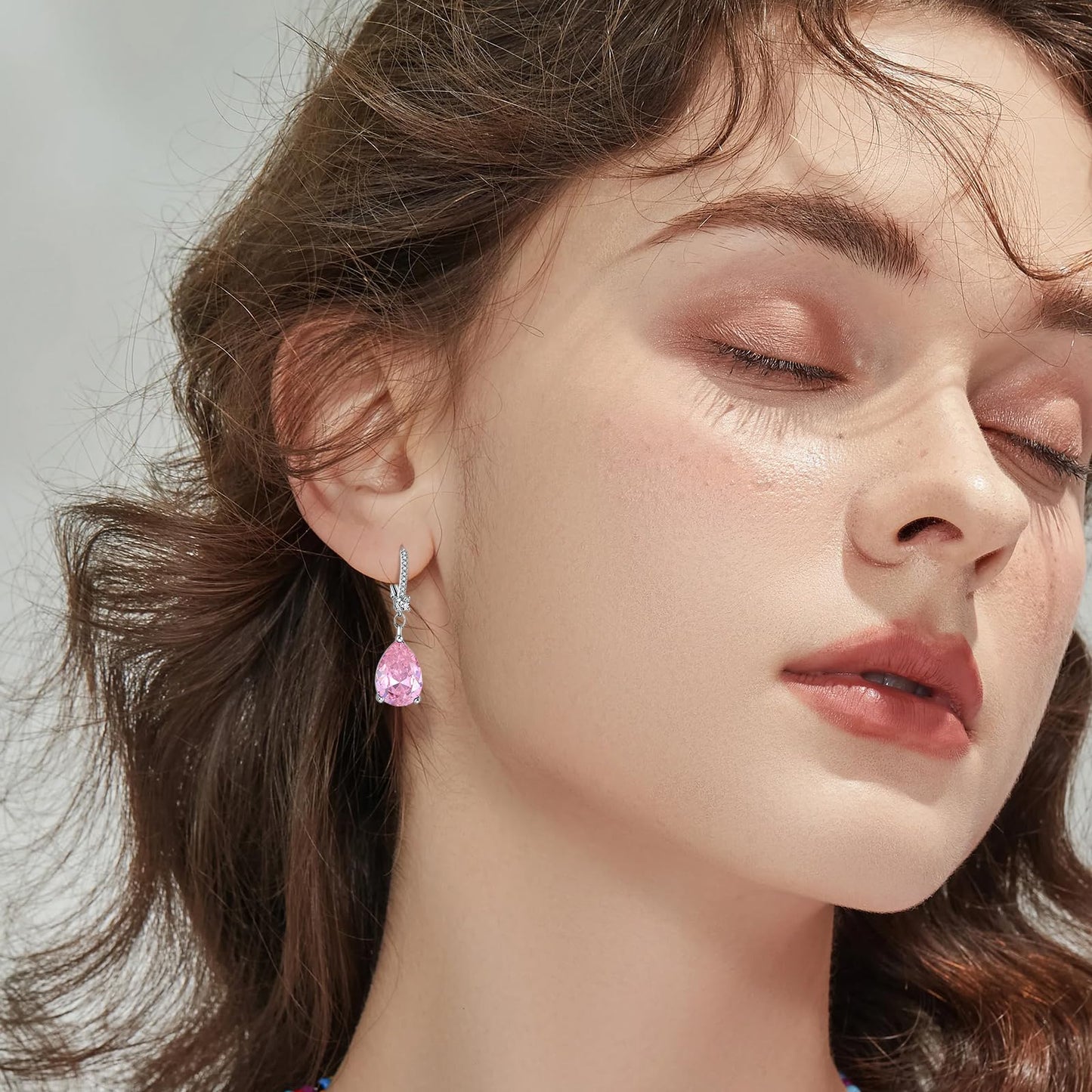 BAMIKI Sterling Silver Teardrop Leverback Dangle Earrings for Women Hypoallergenic, 10×14mm Pear Birthstone Pink Cubic Zircon Drop Earrings Trendy Jewelry Gifts for Wife Daughter Mother