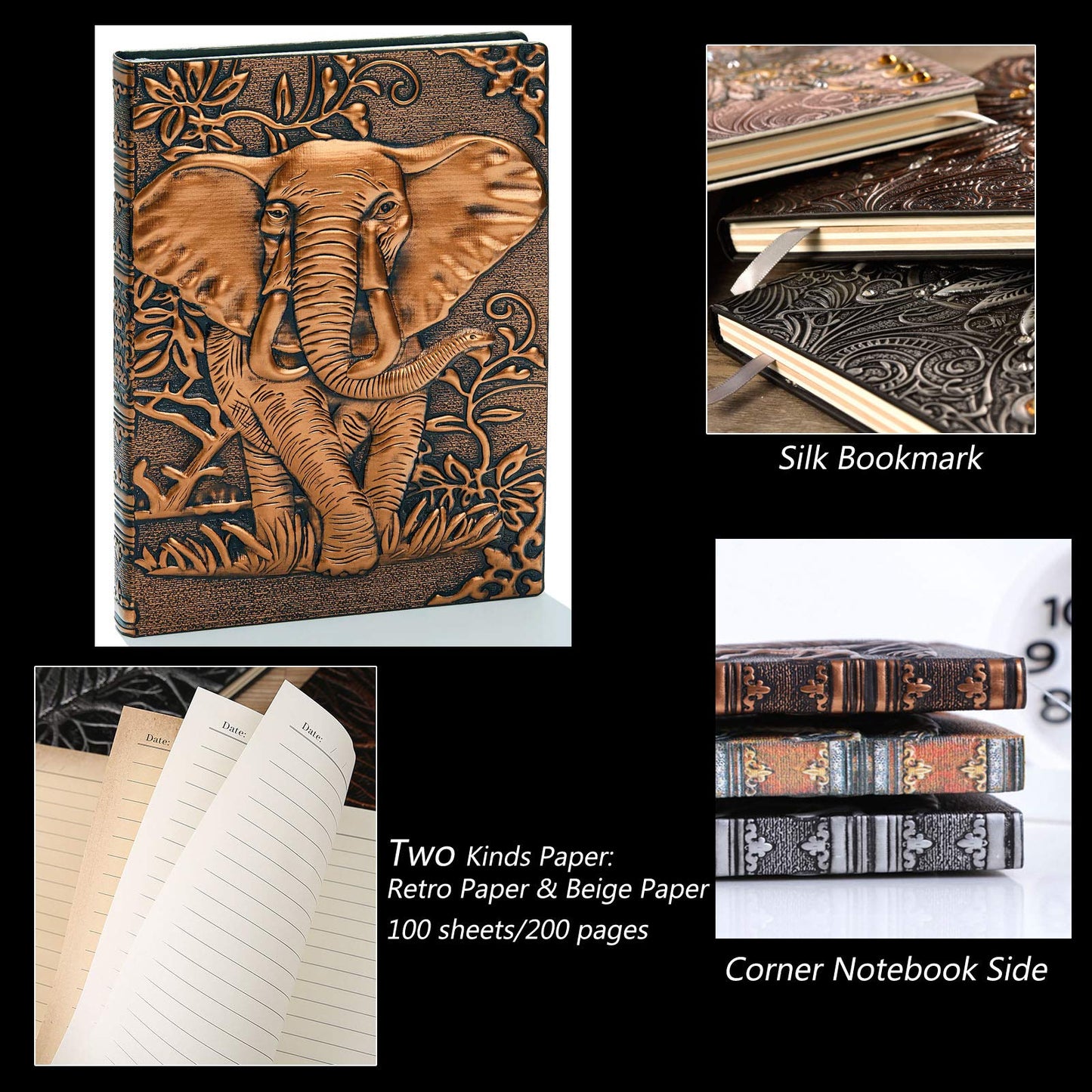 3D Elephant Vintage Leather Journal Writing Notebook with Pen Set,Antique Handmade Leather Daily Notepad Sketchbook,Travel Diary&Notebooks to Write in,Elephant Journal Gift for Men Women
