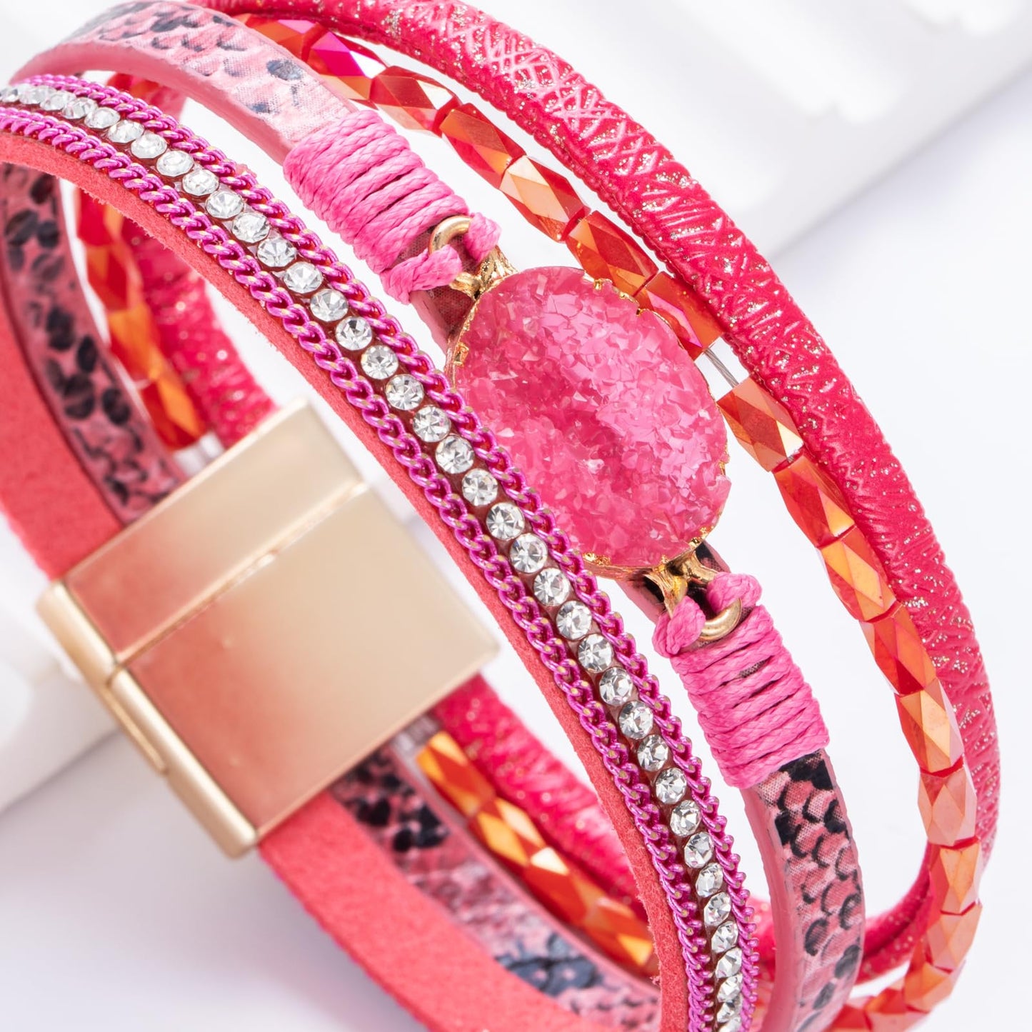 FANCY SHINY Boho Leather Wrap Bracelet Stackable Chunky Crystal Cuff Bracelets with Magnetic Clasp Cowboy Cowgirl Western Summer Beach Outfits Jewelry Gifts for Women (7.7", Hot Pink)