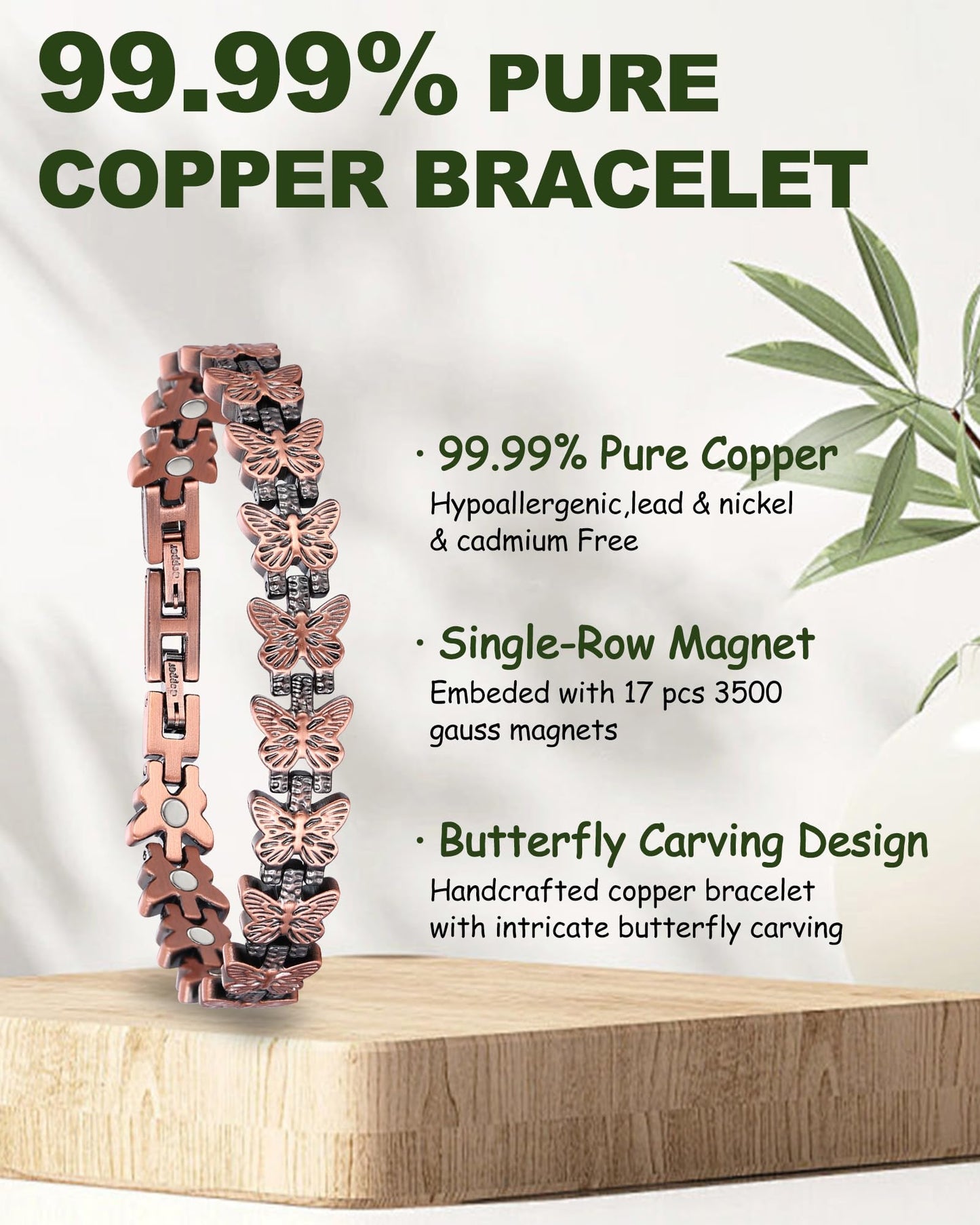MagEnergy Copper Bracelets for Women, 99.99% Pure Copper Magnetic Bracelet with 3500 Gauss Magnets & Butterfly, Adjustable, Jewelry Gift