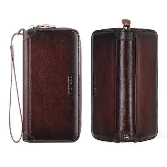 Men's Genuine Leather Zipper Wallet with RFID Blocking, Phone Pocket，Long Zipper Pouch Wallet (Coffee)