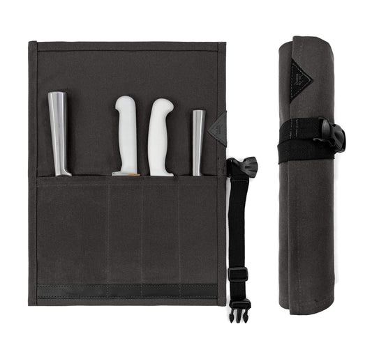 Under NY Sky Knife Roll Case - 4 Slots - Heavy Duty Waxed Canvas Pouch - Leather Reinforced - Portable Bag for Cooking Tools, Utensils, Cutlery Knives, Brushes - Chefs, Kitchen, Travel, Gift - GrayCV