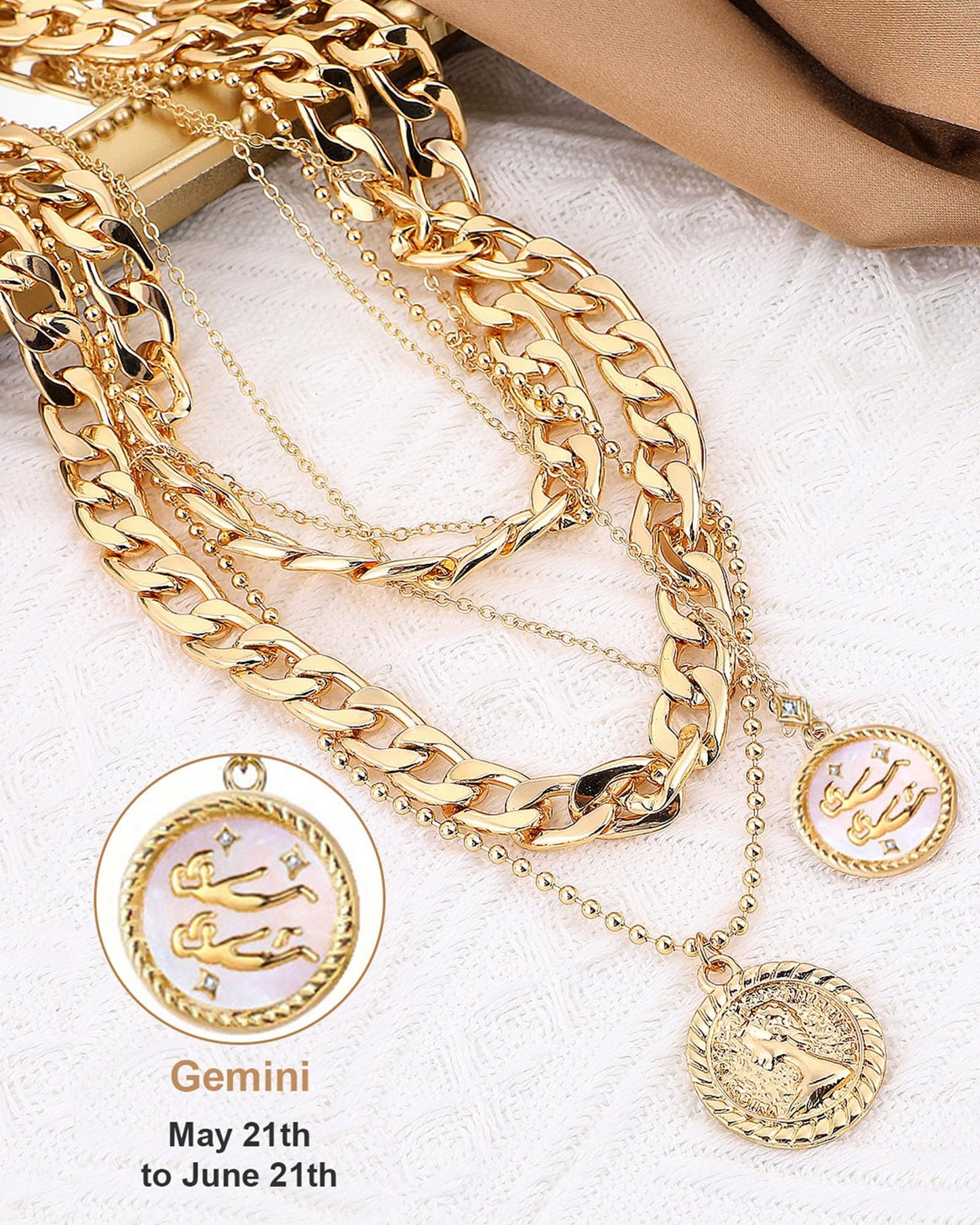 MJartoria Gold Layered Necklaces for Women Trendy Retro Coin Pendant Necklace Dainty Chunky Chain Choker Necklaces for Jewelry Birthday Gifts (Gold, Zodiac-Gemini-3PCS Layered)