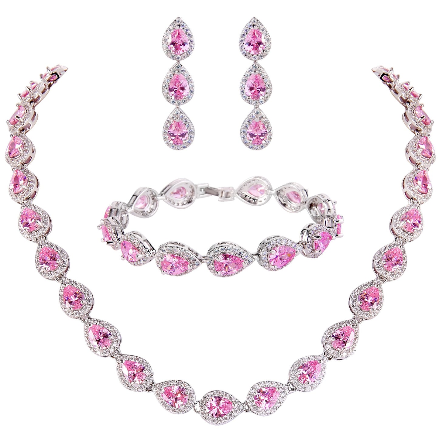 EVER FAITH Wedding Jewelry October Birthstone Pink Tourmaline-Color CZ Tear Drop Necklace Earrings Bracelet Set