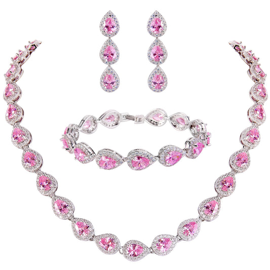 EVER FAITH Wedding Jewelry October Birthstone Pink Tourmaline-Color CZ Tear Drop Necklace Earrings Bracelet Set