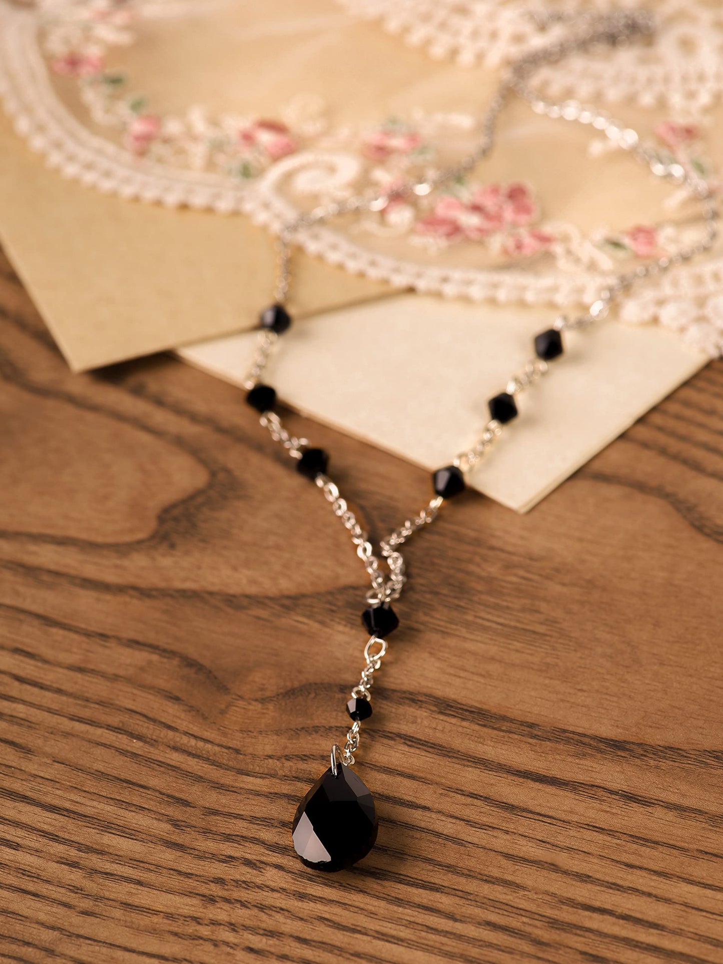 Sacina Gothic Dainty Black Beaded Teardrop Y Necklace, Gothic Necklace, Goth Jewelry, Christmas Jewelry Gift for Women