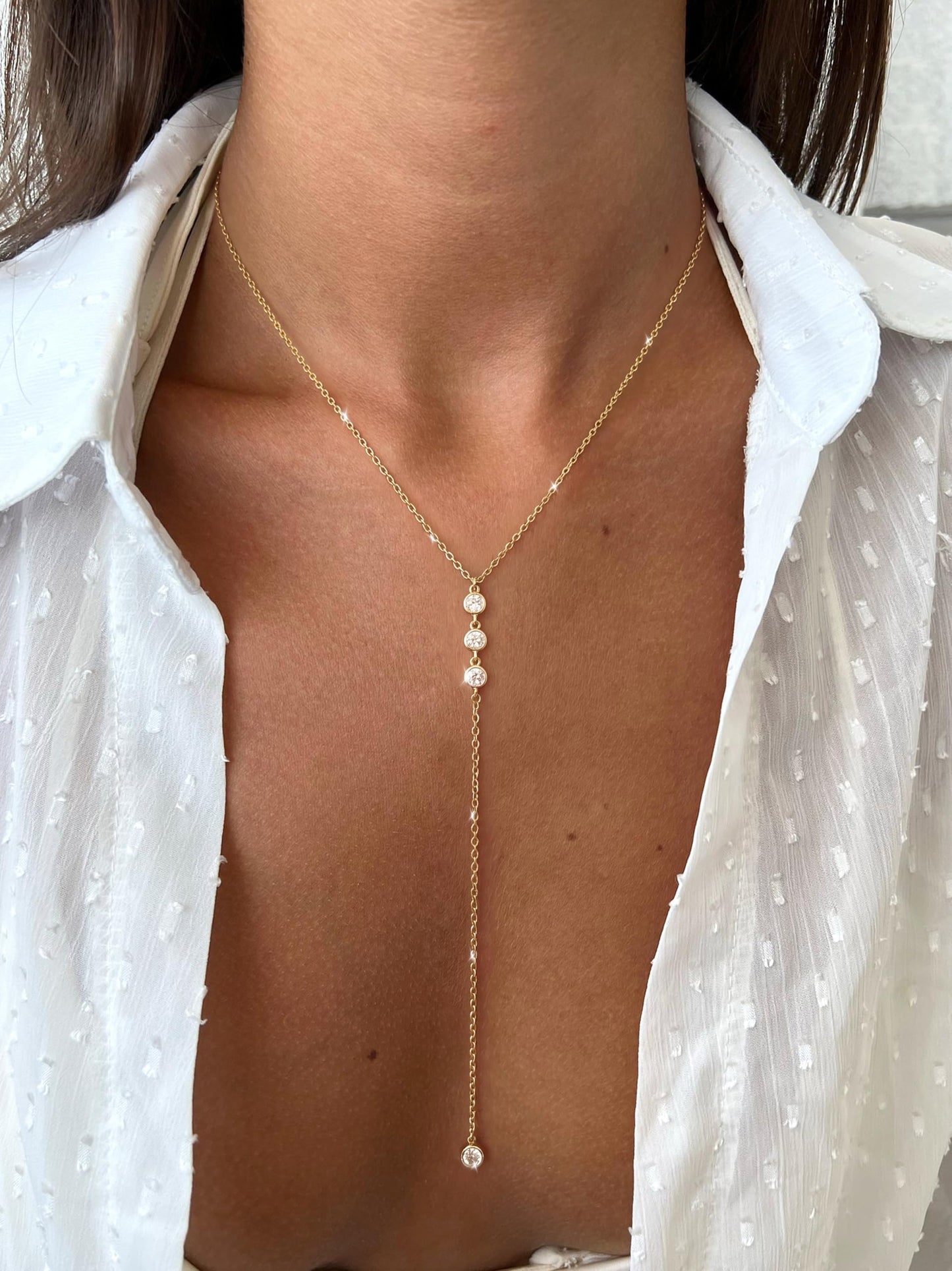 Tewiky Lariat Necklace , Simple Long Dainty Gold Necklace for Women Trendy 14k Gold Plated CZ Diamond Drop Cute Aesthetic Y Necklace Fashion Jewelry Gifts