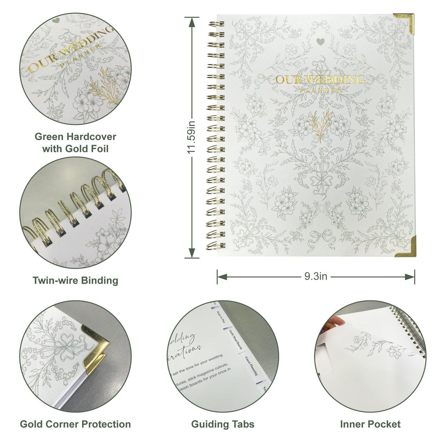 LADY&HOME Wedding Planner Book and Organizer - Wedding Planning Book for Bride,Linen Binder with Countdown Calendars & Checklists - Perfect Engagement Gifts for Couples - Green & White Floral