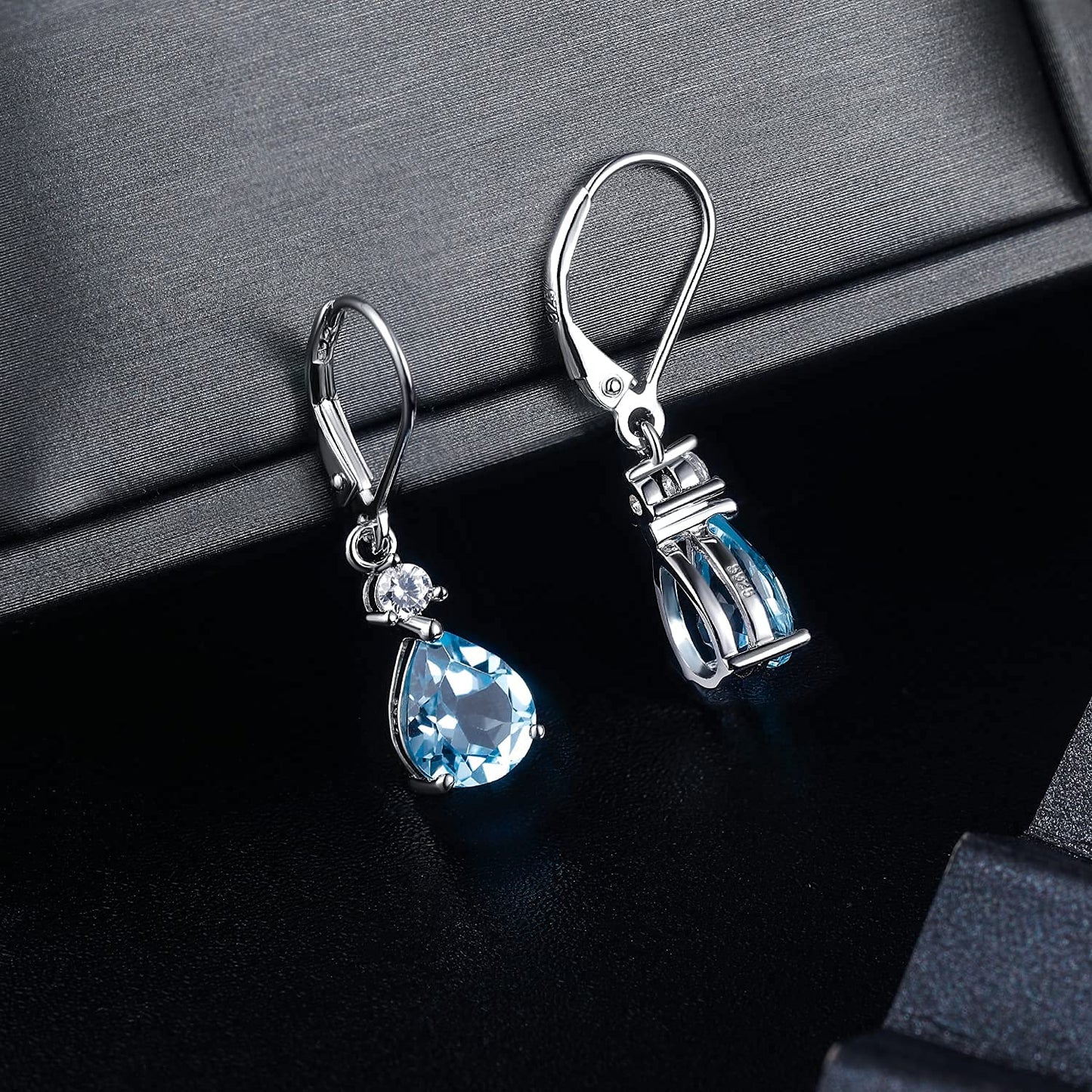 925 Sterling Silver 7 * 9mm Blue Topaz Teardrop Leverback Earrings Drop Dangly Gemstone Dangle Earrings Hypoallergenic Jewelry Birthday Gifts for Women