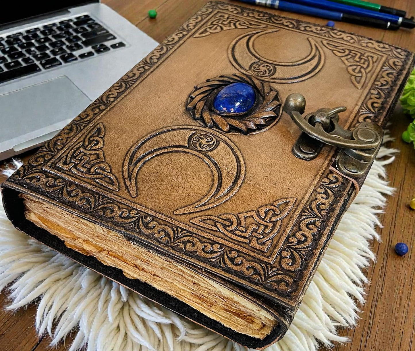 Old Leather Journal, junk notebook Lock Closure, Book of Shadows blank spells, Grimoire, Witch, Vintage 200 pages Antique Deckle Edge Paper Sketchbook and Travel Notebook Stone Moon journal 7x5