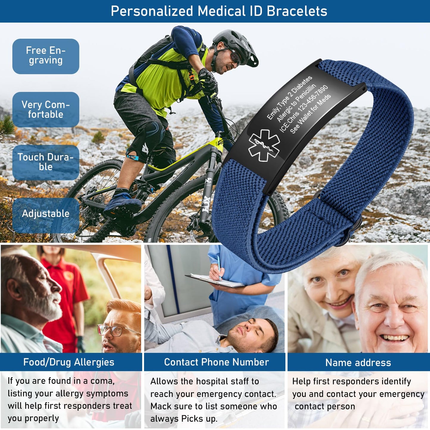 VNOX Medical Alert Bracelets for Men & Women with Free Engraving Adjustable Stainless Steel Mesh Emergency Medical ID Bracelets Wristband