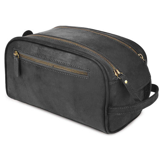 Rasavi Genuine Leather Travel Toiletry Bag, Handcrafted Vintage Water-Resistance Dopp Kit, Large Shaving & Bathroom Organizer - Gift for Men & Women - Black