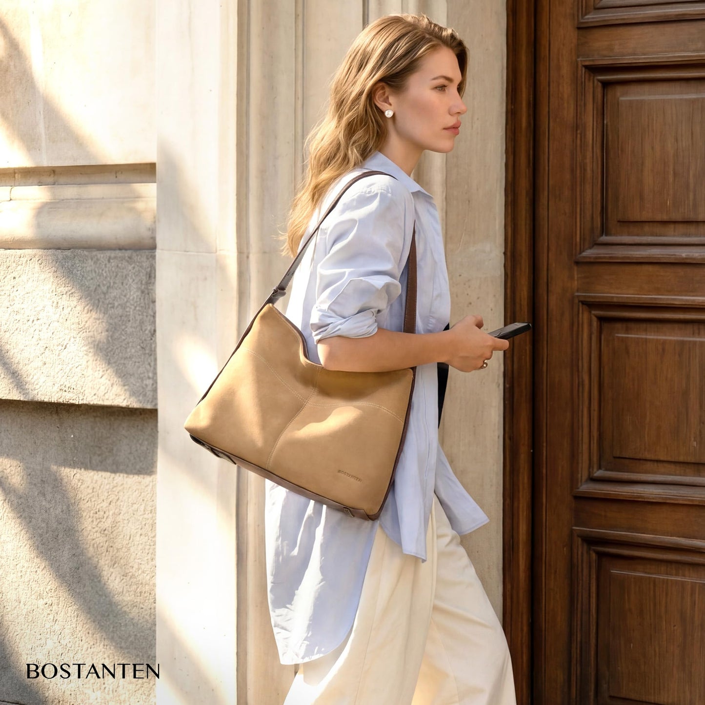 BOSTANTEN Hobo Bags for Women Suede and Vegan Leather Shoulder Handbag Purse for Everyday Work Travel Tan
