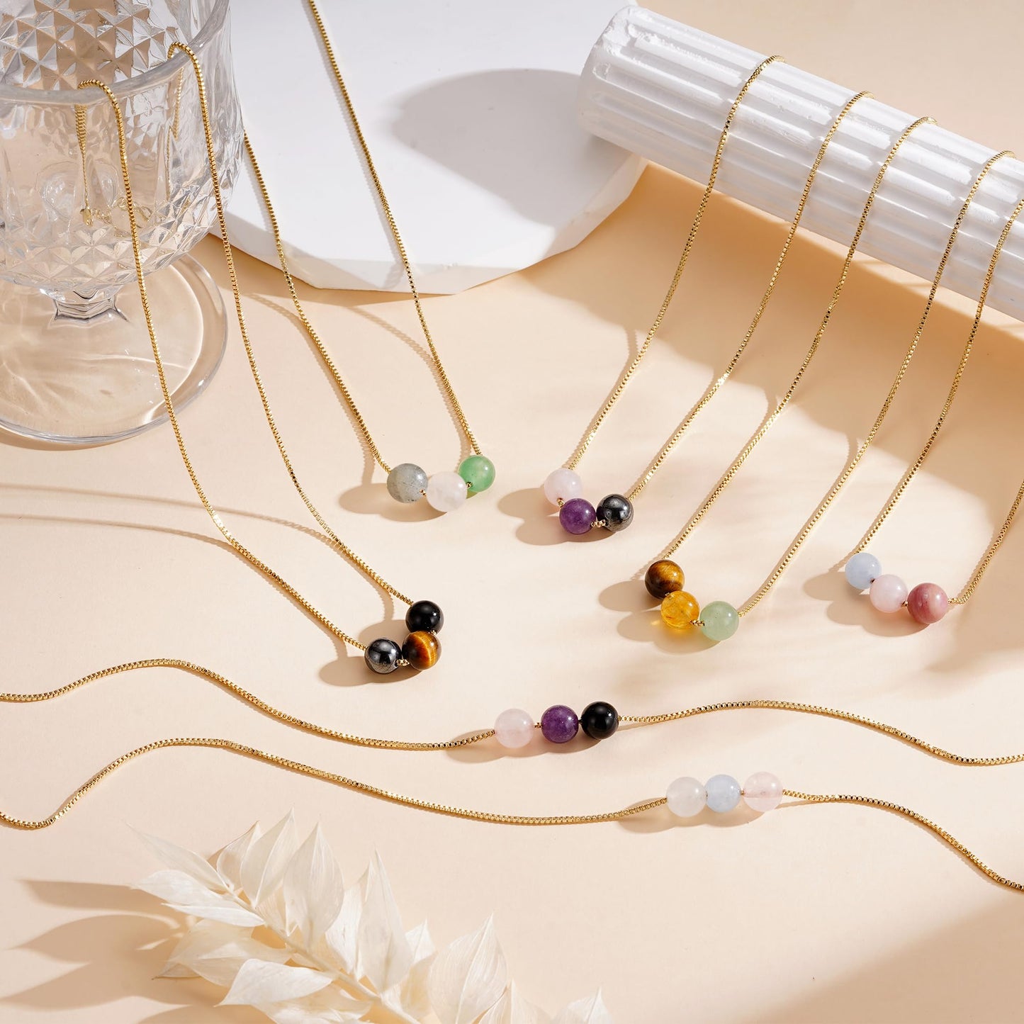 Suarlly Healing Crystal Necklace for Women 14k Plated Gold Beaded Necklace Anxiety Relief Triple Protection Amethyst Gifts for Friends Sister Mom Daughter Jewelry