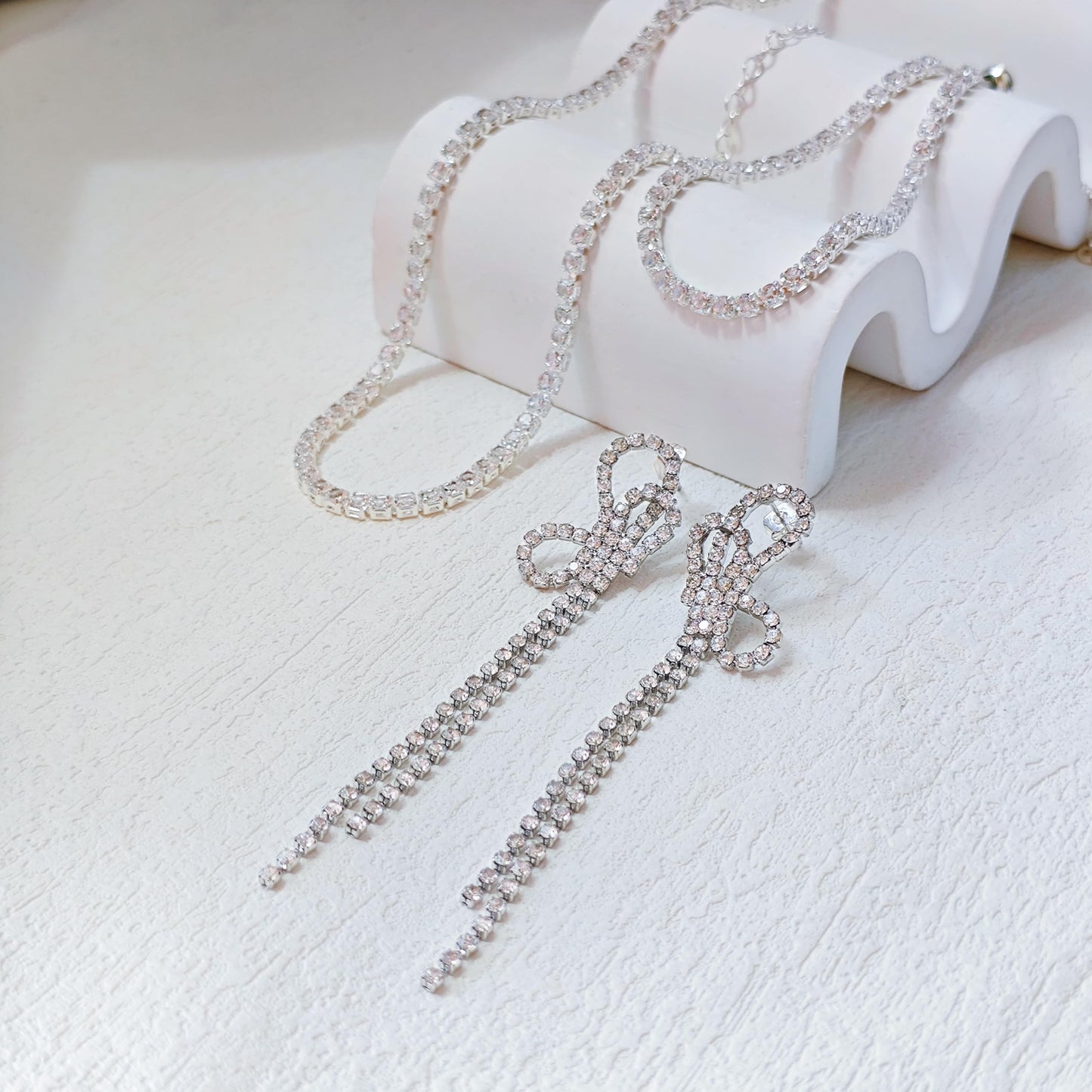 LULII Tennis Necklace Set for Women Dainty Sterling Silver Necklace and Earring Sets Rhinestone Bow Dangle Earrings Crystal Bracelets for Women Silver Jewelry Sets for Bride Gift