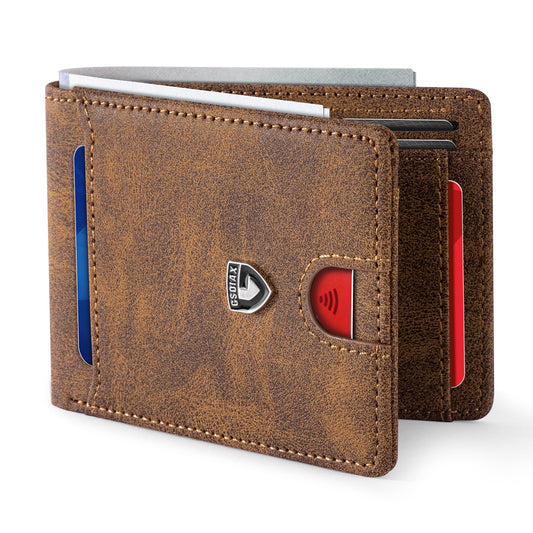 GSOIAX Slim Wallet for Men,RFID Blocking Bifold Wallet Carbon Fiber Front Pocket Wallet with 11 Card Holder Minimalist Mens Wallet with Gift Box (Leather Brown)