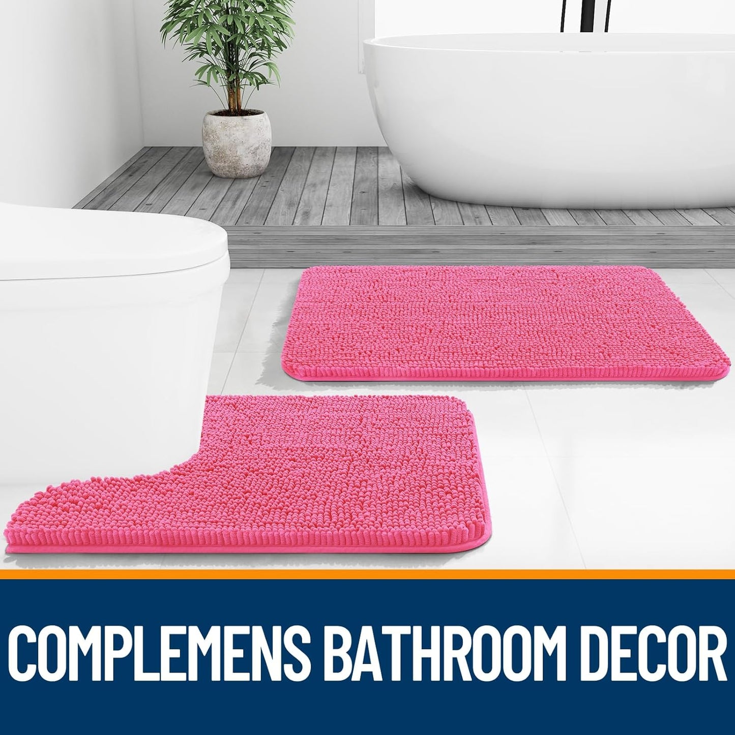 OLANLY Large Bath Rugs - Extra Soft Chenille with Rubber Backing | Quick-Dry, Machine Washable, Hot Pink 40x32