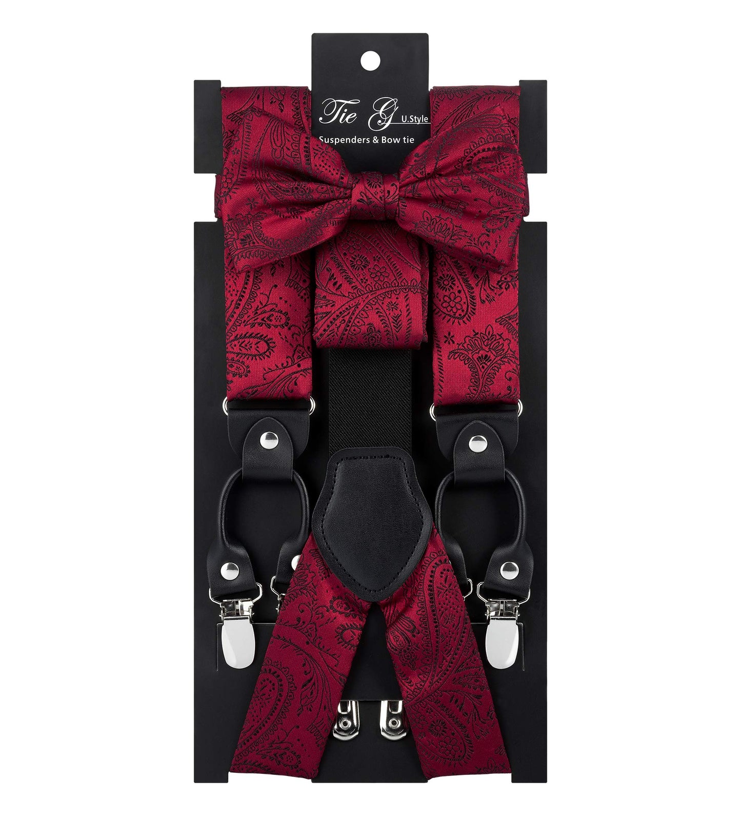 TIE G Paisley Suspender, Bow Tie, Pocket Square Set for Men's Tuxedo Suspenders : Adjustable Braces, Strong Enhanced 6 Clips (A Wine Paisley)